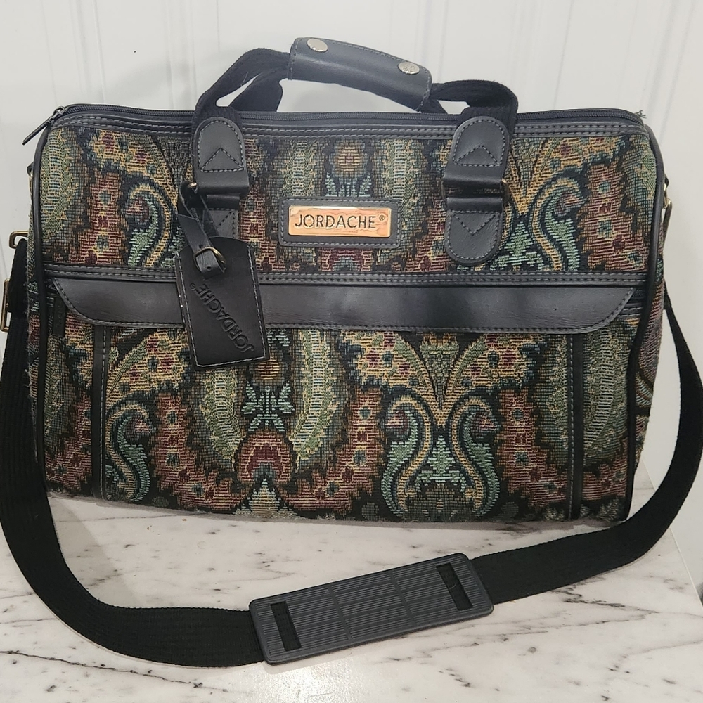 Vintage Jordache black floral tapestry overnight carry on weekend bag luggage